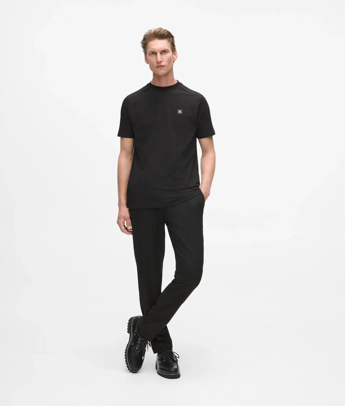 Faux-leather piping T-shirt