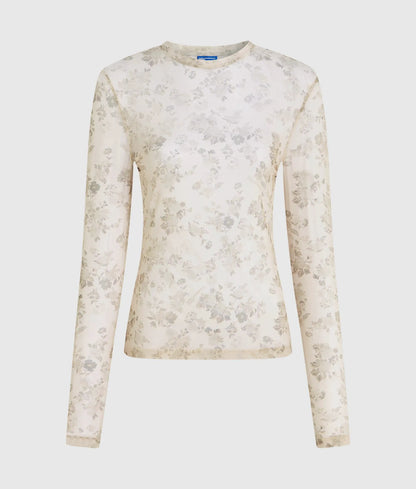 Long-sleeved floral mesh T-shirt