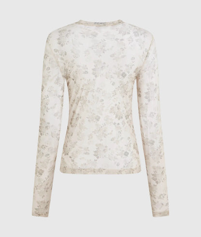 Long-sleeved floral mesh T-shirt