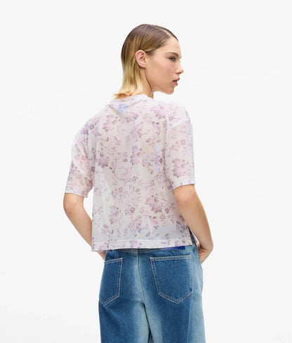 Short-sleeved floral mesh T-shirt