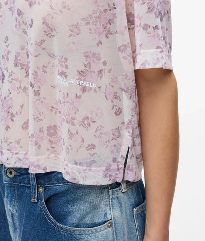 Short-sleeved floral mesh T-shirt