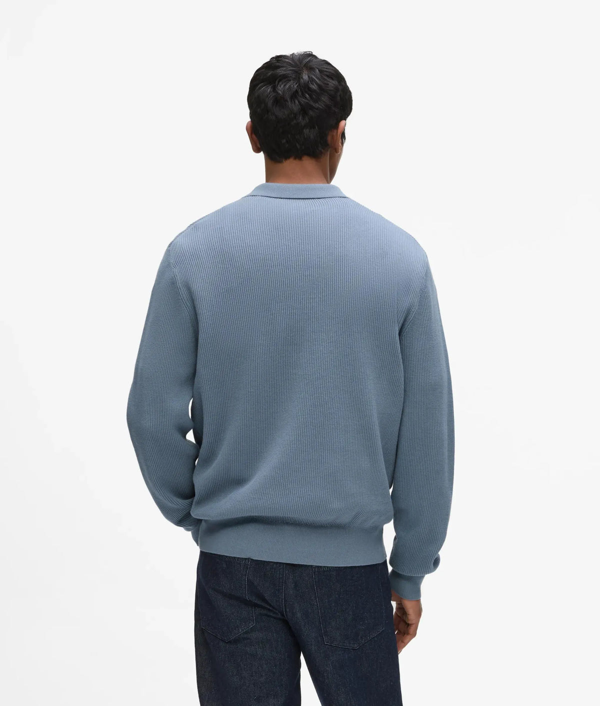Rib knit long-sleeved polo shirt