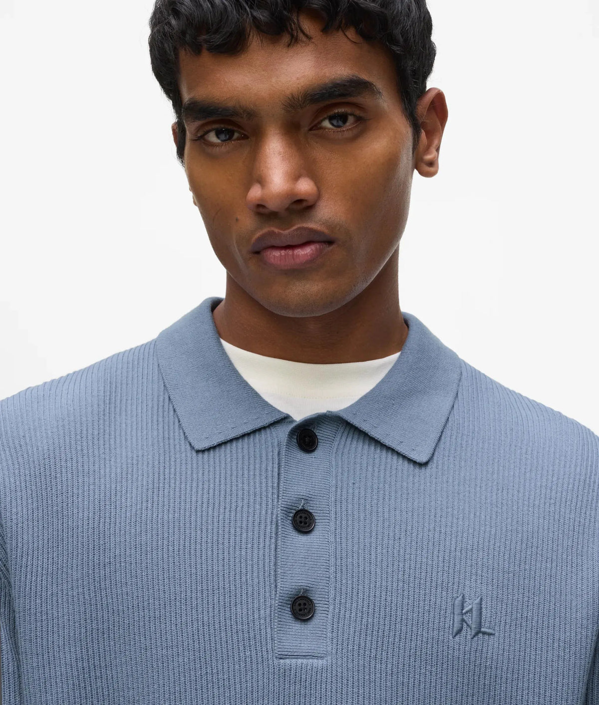 Rib knit long-sleeved polo shirt