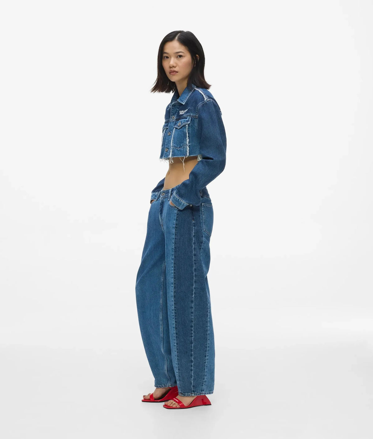 Blocked mid-rise barrel-leg jeans