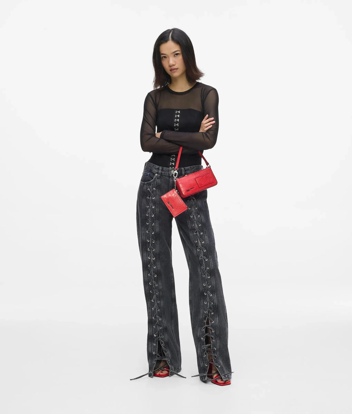 Lace-up mid-rise relaxed jeans