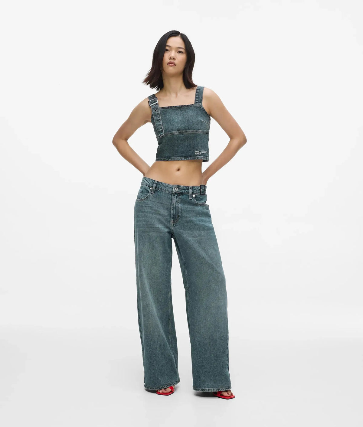 Buckle-detail low-rise wide jeans