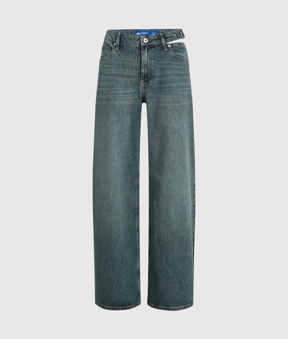 Buckle-detail low-rise wide jeans