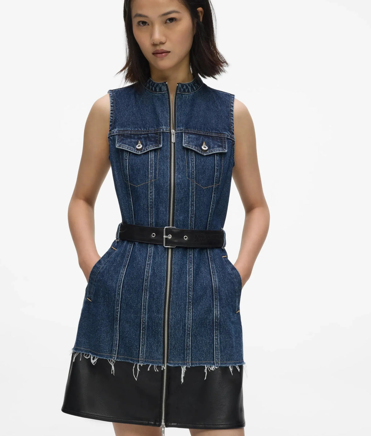 Faux-leather and denim dress