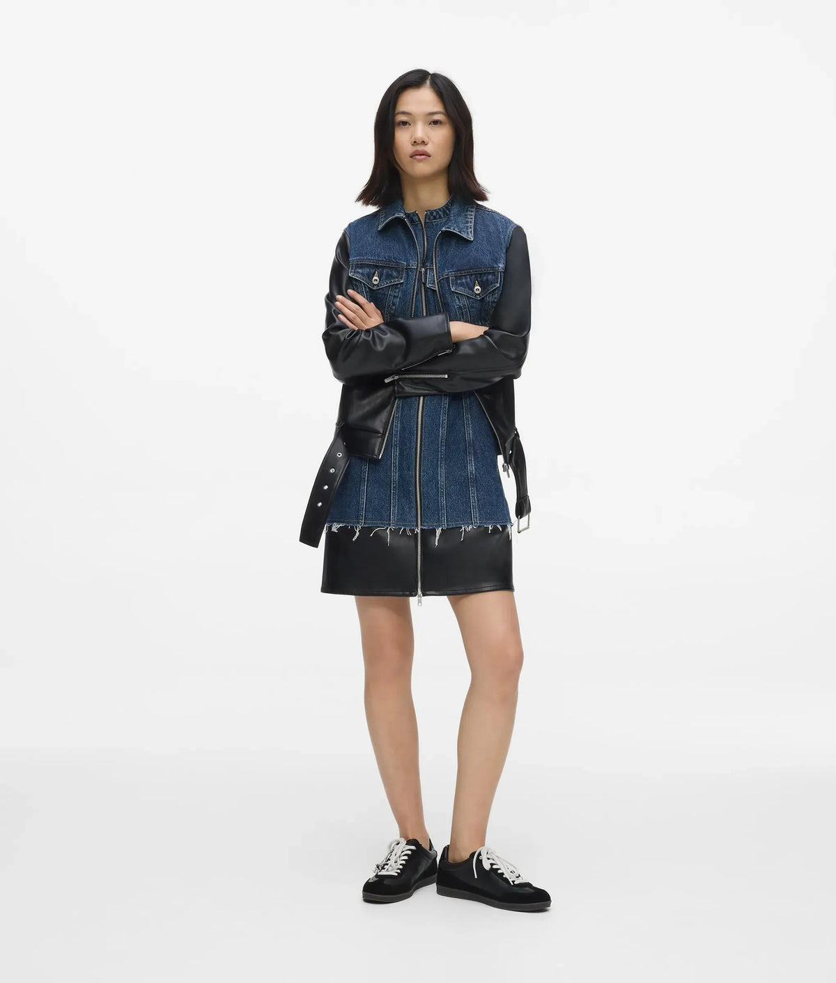 Faux-leather and denim dress