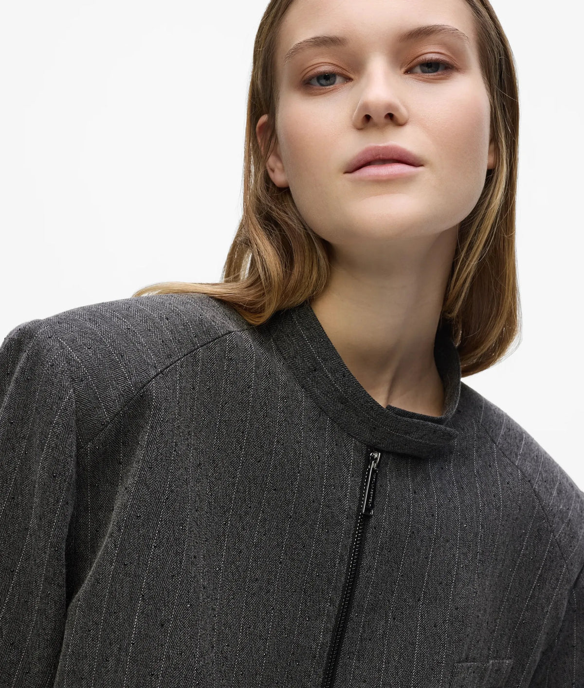 Pinstripe tailored bomber jacket