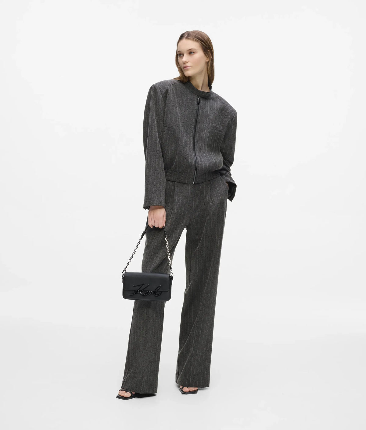 Pinstripe tailored bomber jacket