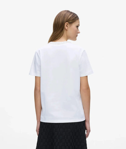 Faux-pearl neck T-shirt
