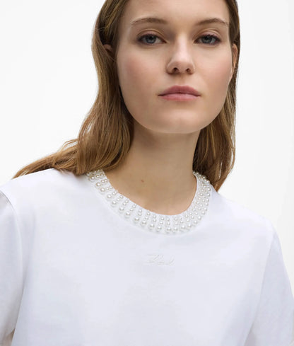 Faux-pearl neck T-shirt