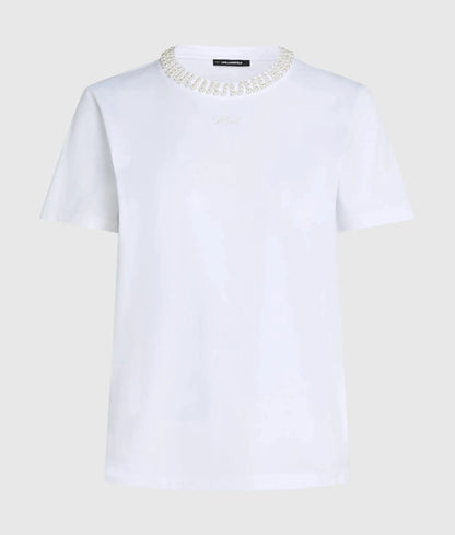 Faux-pearl neck T-shirt
