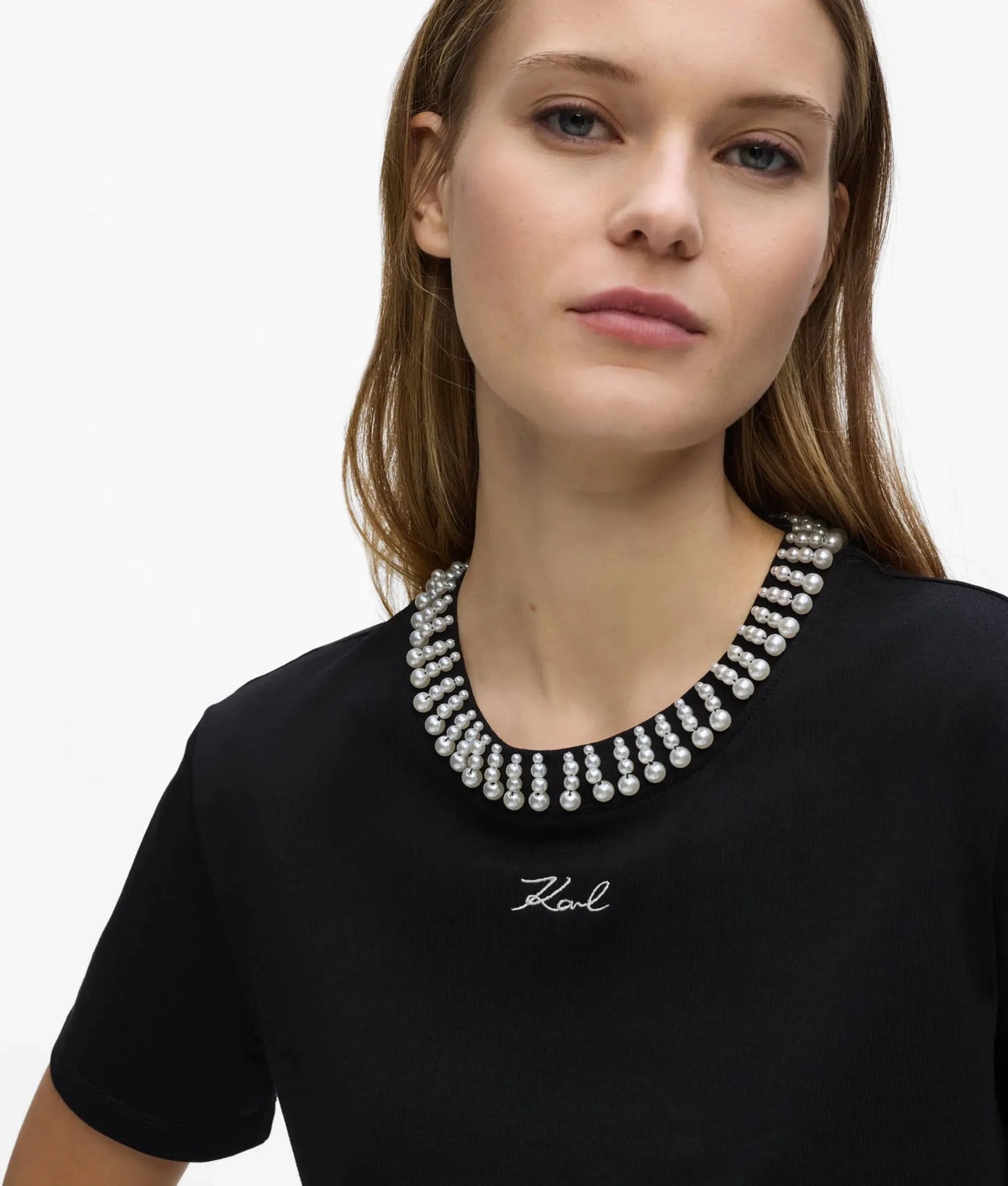 Faux-pearl neck T-shirt