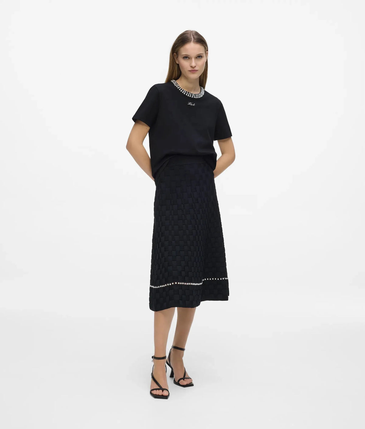 Faux-pearl neck T-shirt