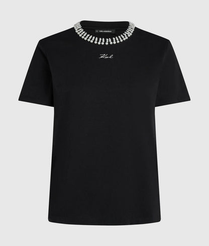 Faux-pearl neck T-shirt