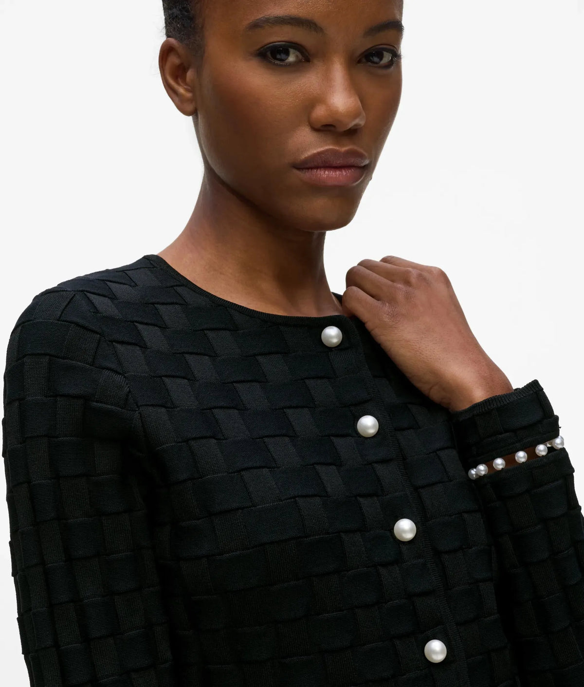 Faux-pearl detail knit cardigan