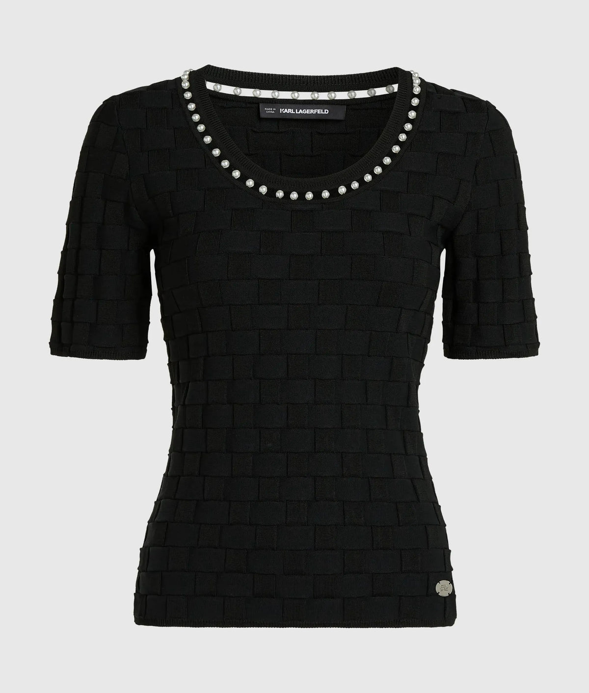 Faux-pearl neck knit top