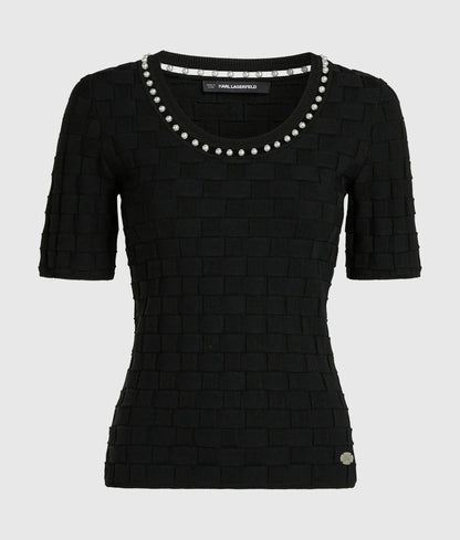 Faux-pearl neck knit top