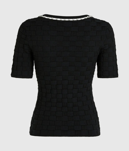 Faux-pearl neck knit top