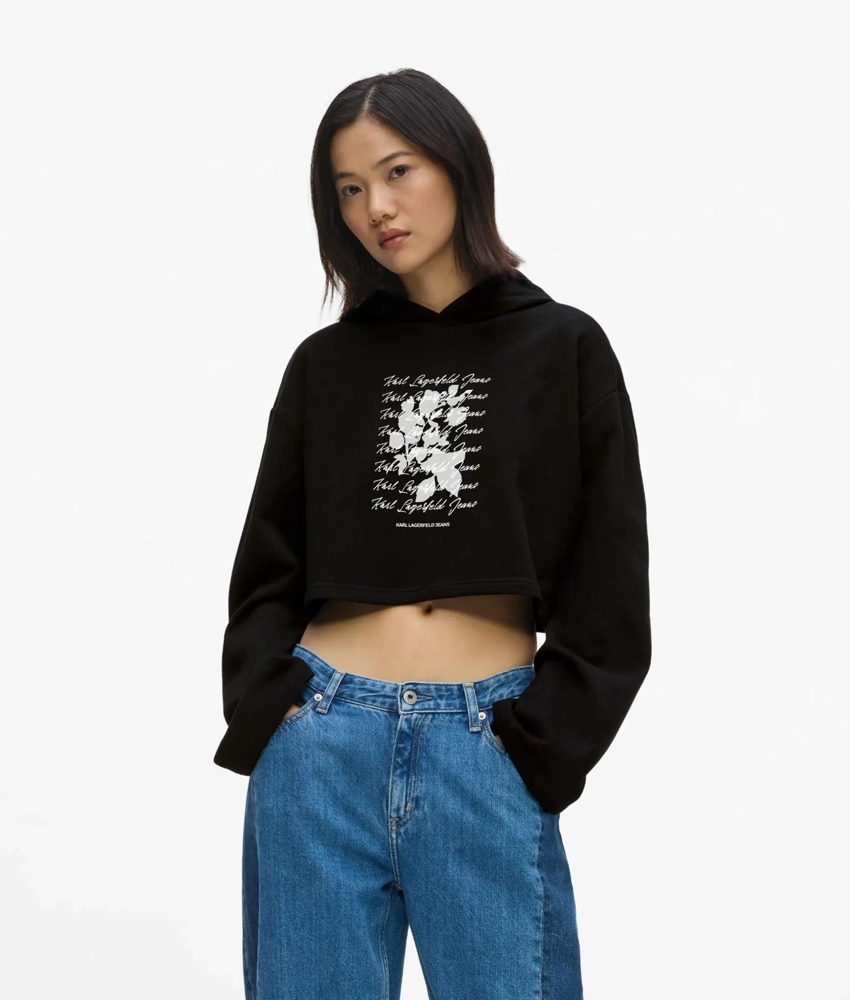 Cropped flocked floral hoodie
