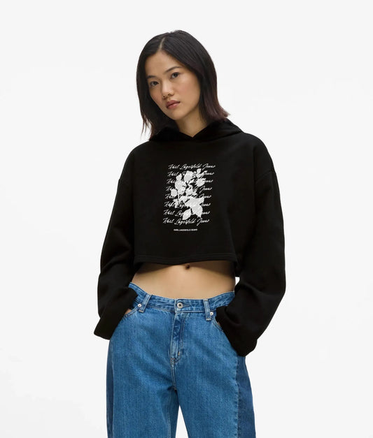 Cropped flocked floral hoodie