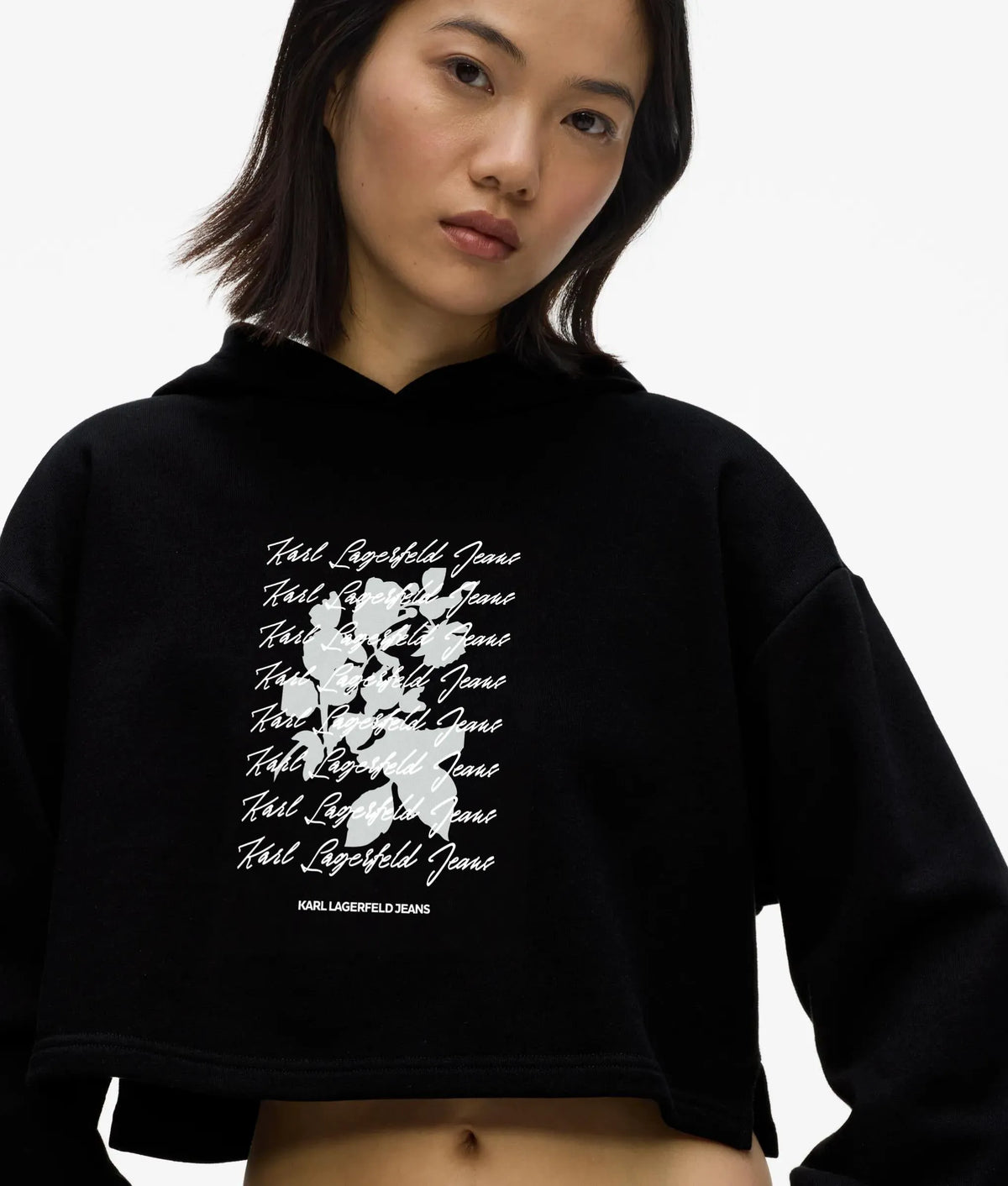 Cropped flocked floral hoodie