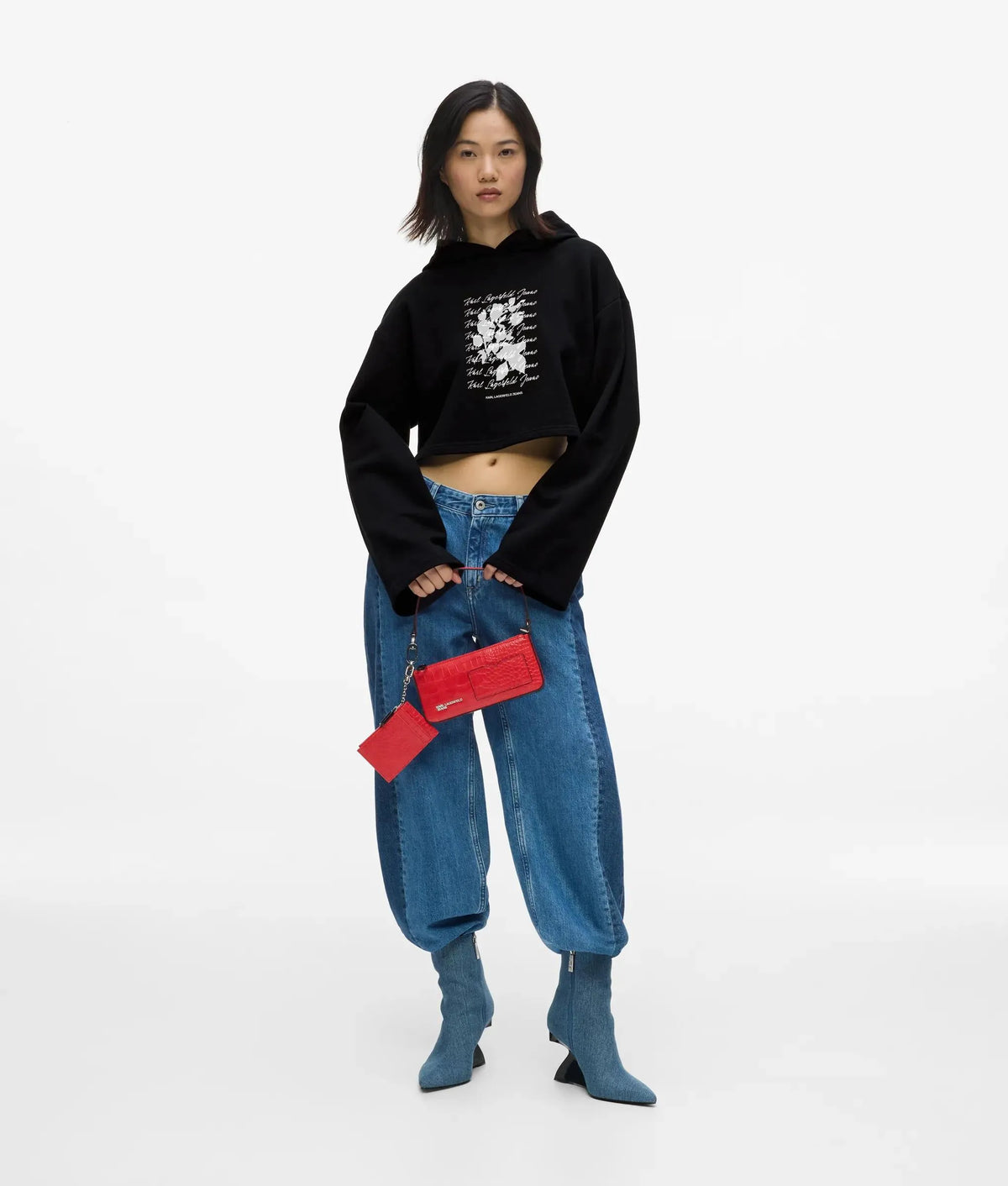 Cropped flocked floral hoodie