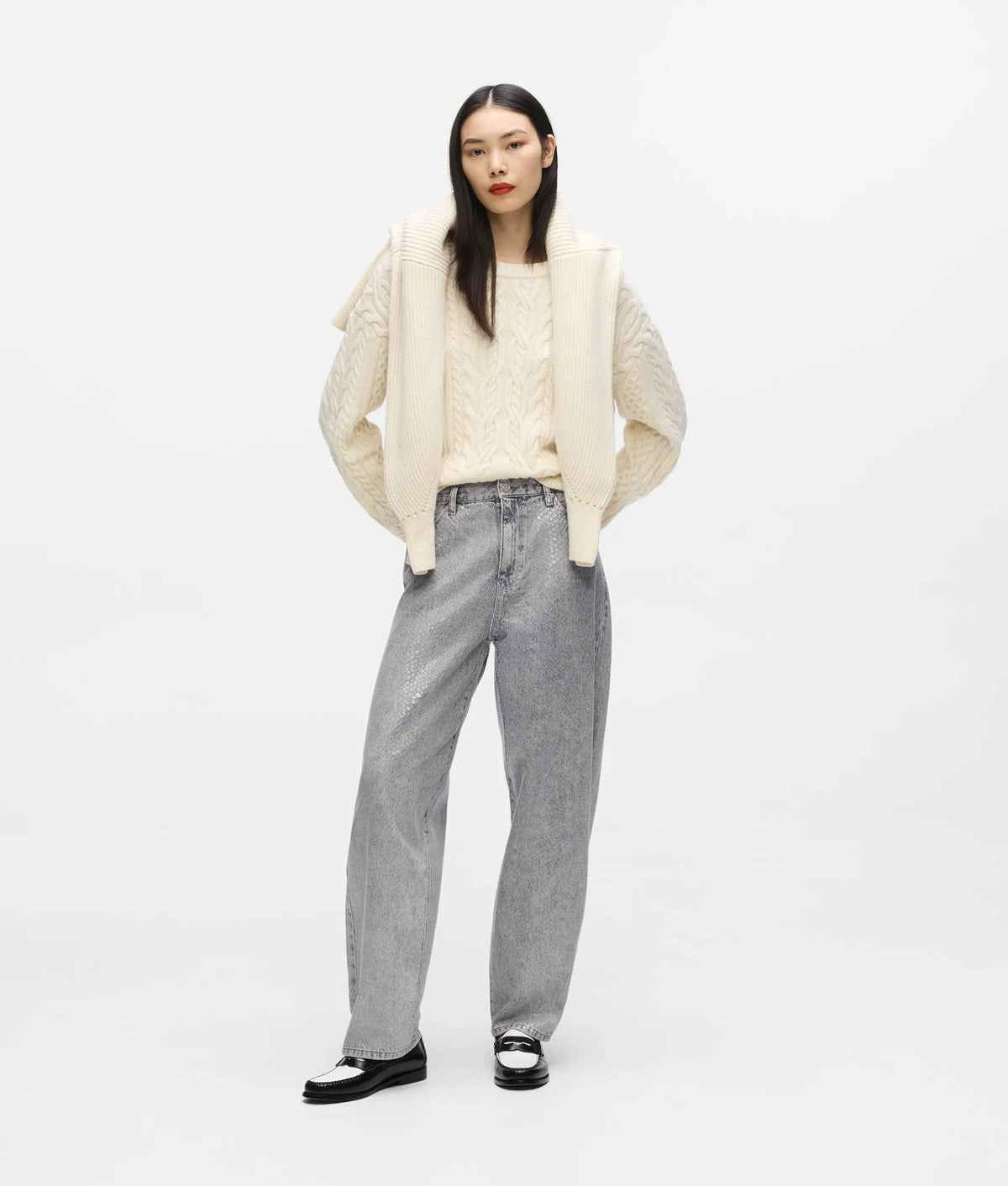Coated python barrel-leg jeans