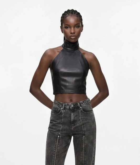 Faux-leather halterneck top