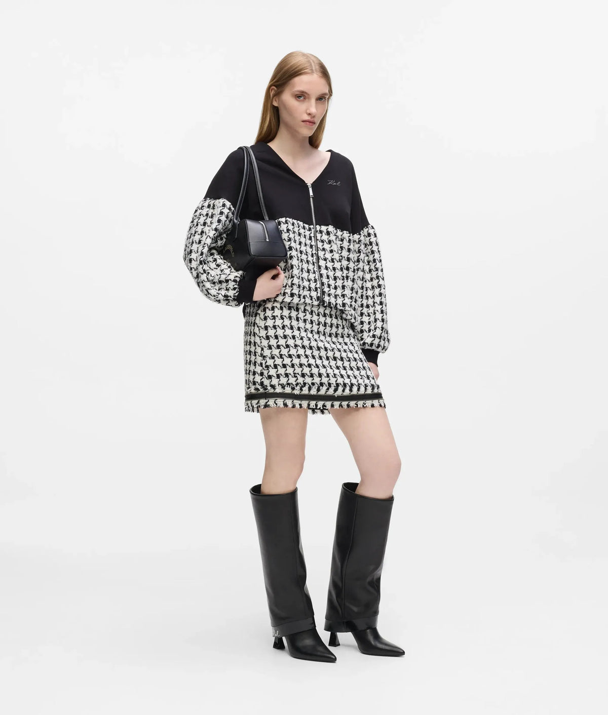 Houndstooth bouclé mini skirt