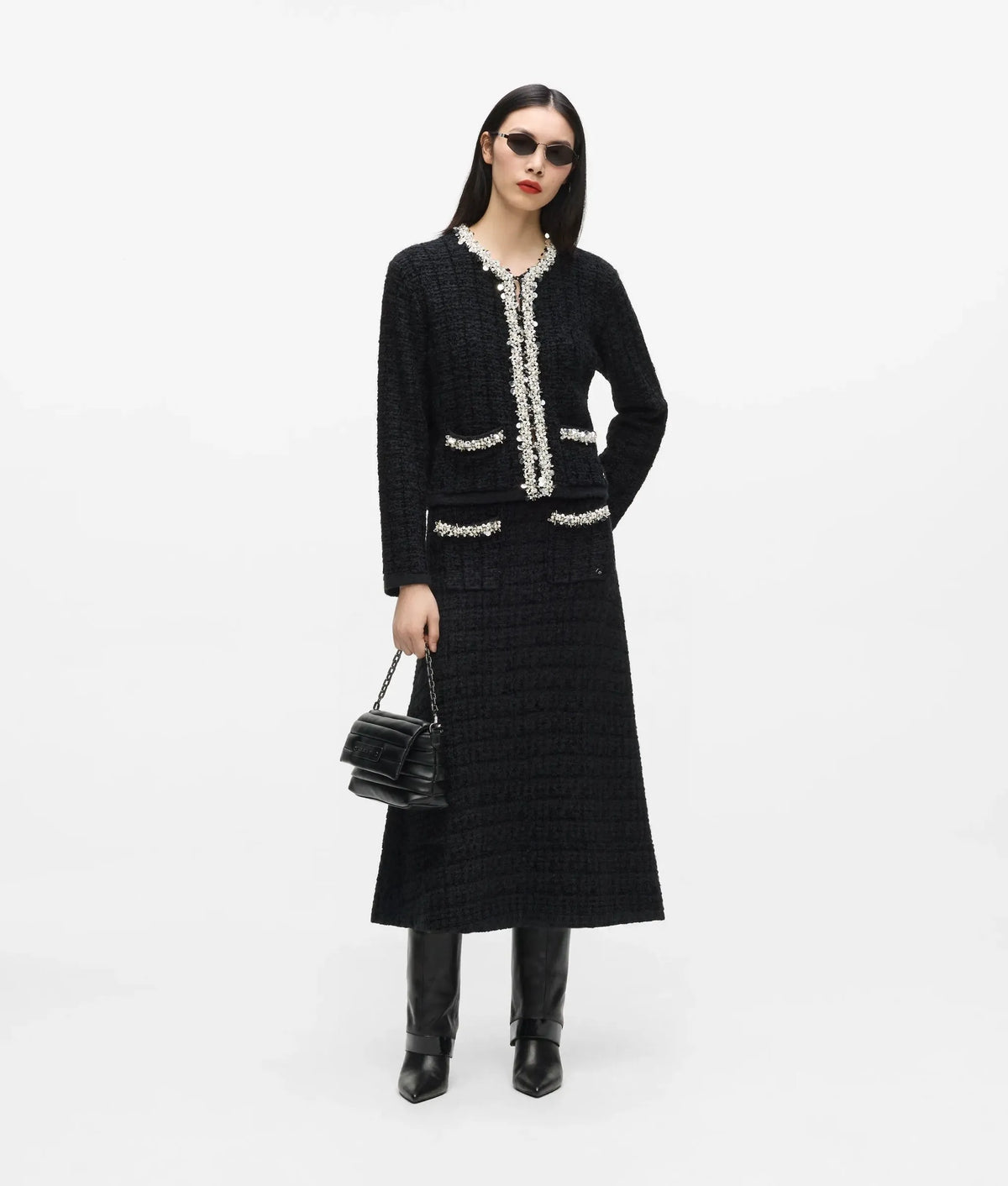 Faux-pearl midi knitted skirt