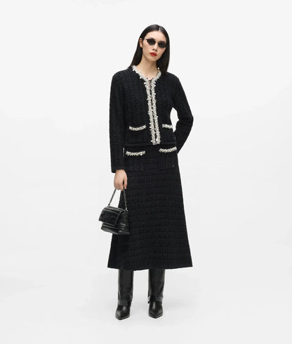 Faux-pearl midi knitted skirt