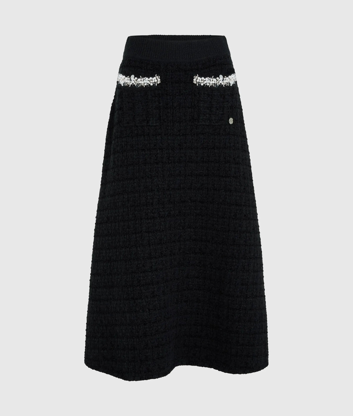 Faux-pearl midi knitted skirt