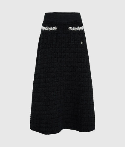 Faux-pearl midi knitted skirt