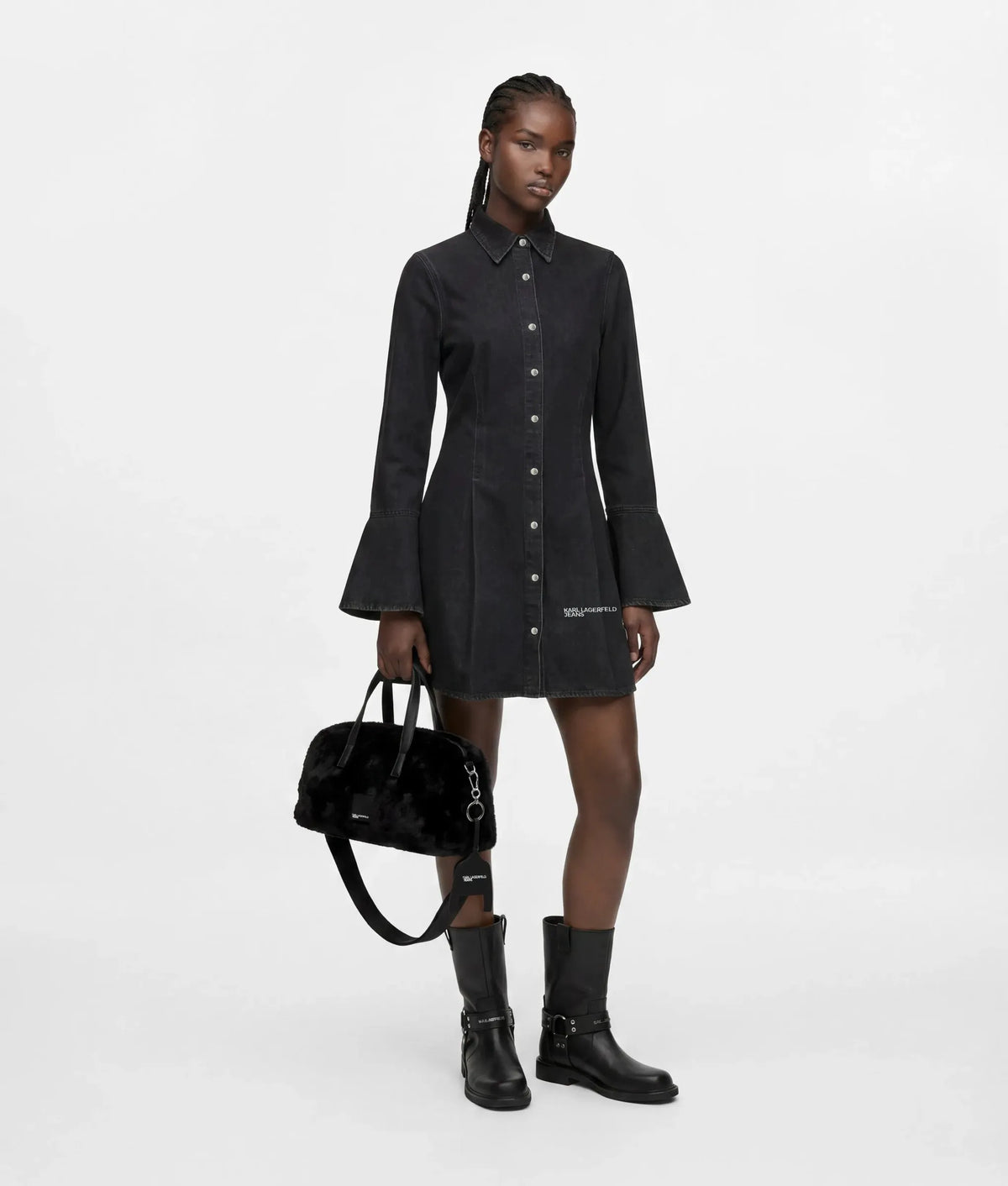 Flared-sleeve denim dress