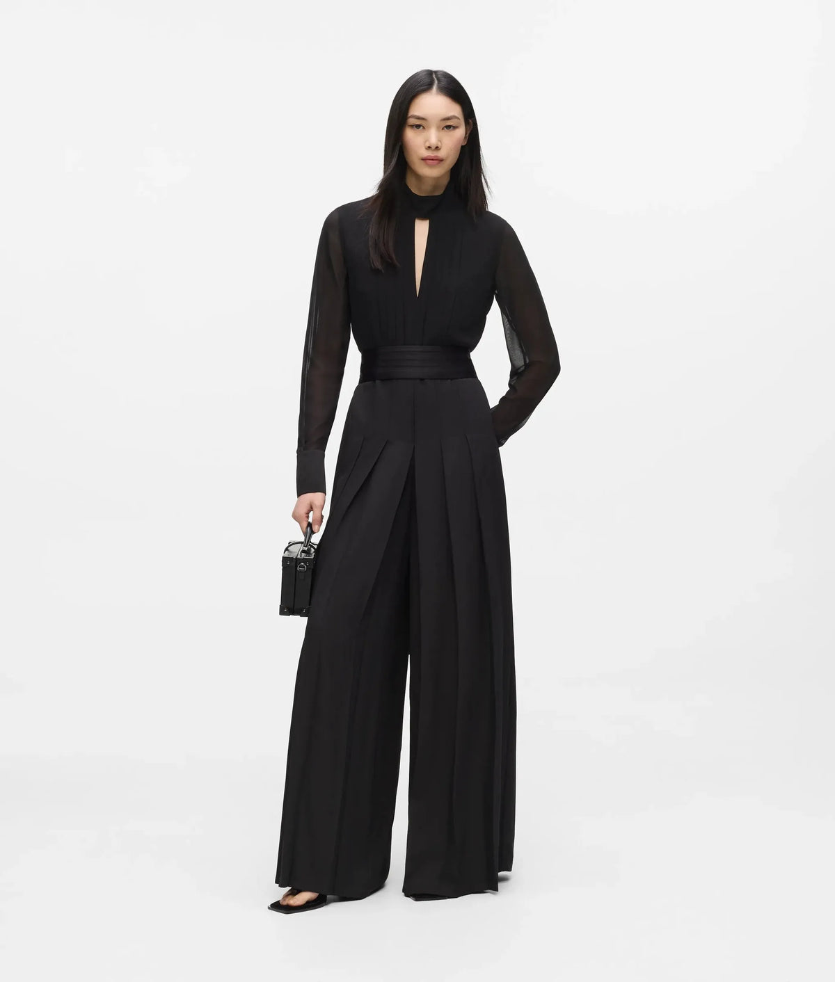 Pleated, long-sleeved jumpsuit