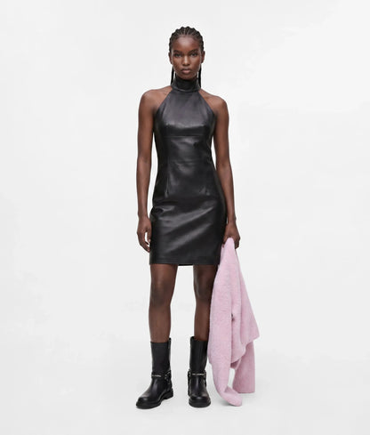 Faux-leather halter dress