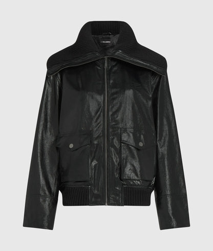 Knitted collar leather jacket