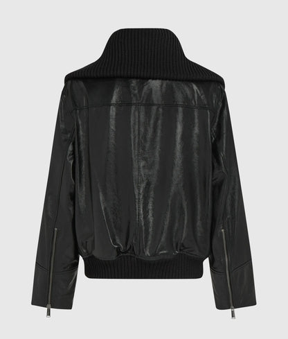 Knitted collar leather jacket