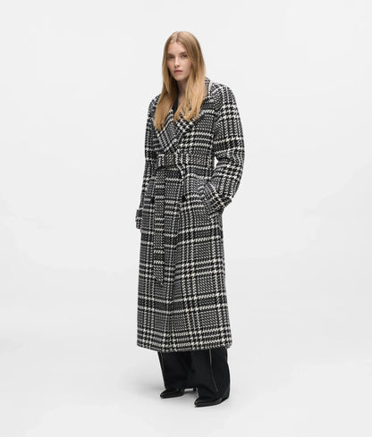 Houndstooth long wool-blend coat