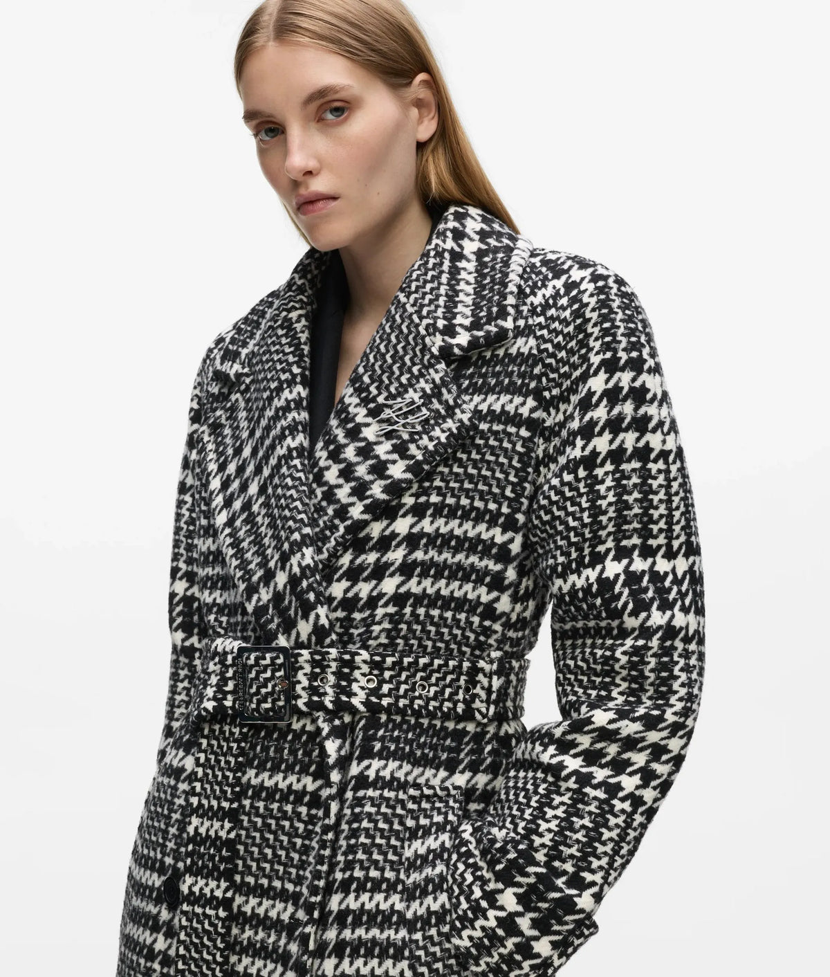 Houndstooth long wool-blend coat