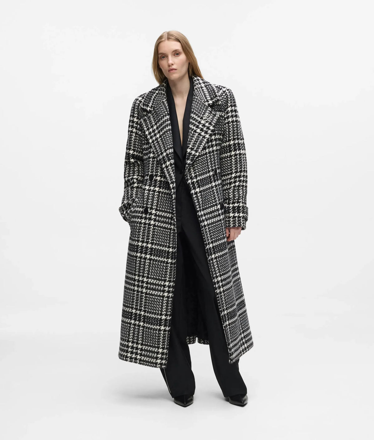 Houndstooth long wool-blend coat