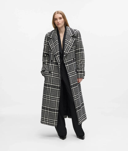 Houndstooth long wool-blend coat