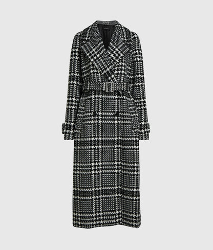 Houndstooth long wool-blend coat