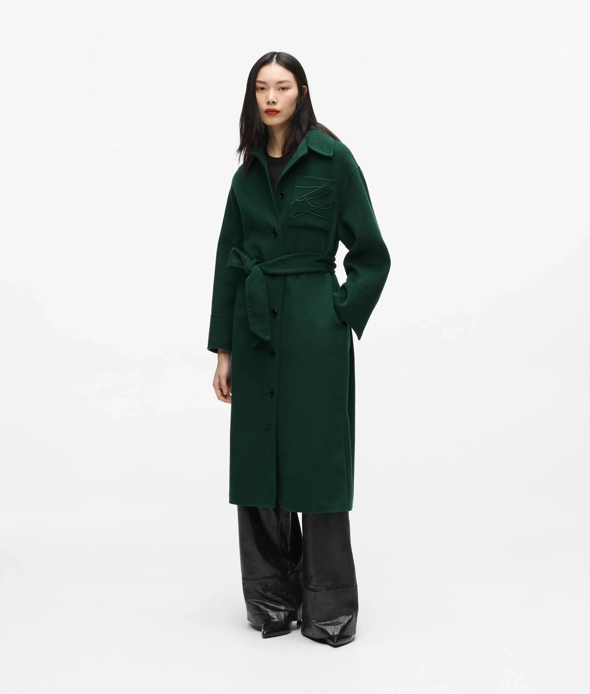 Belted long wool-blend coat