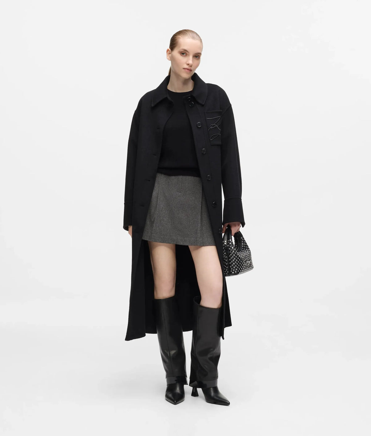 Belted long wool-blend coat