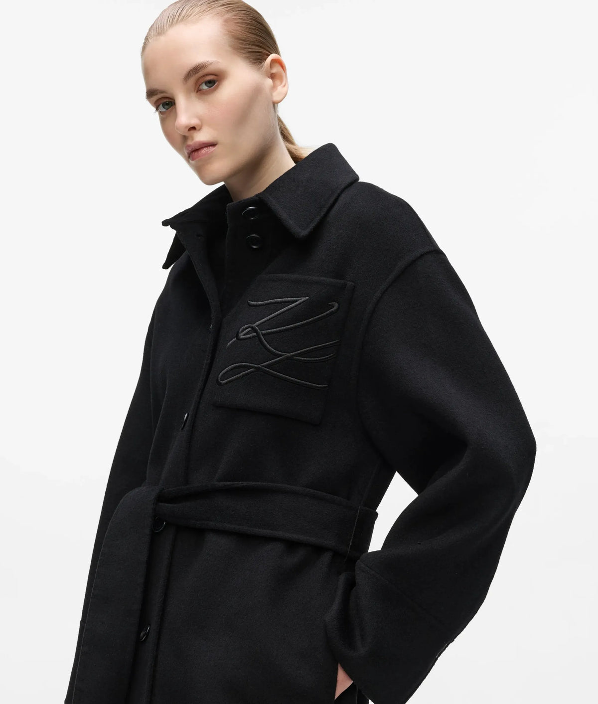 Belted long wool-blend coat