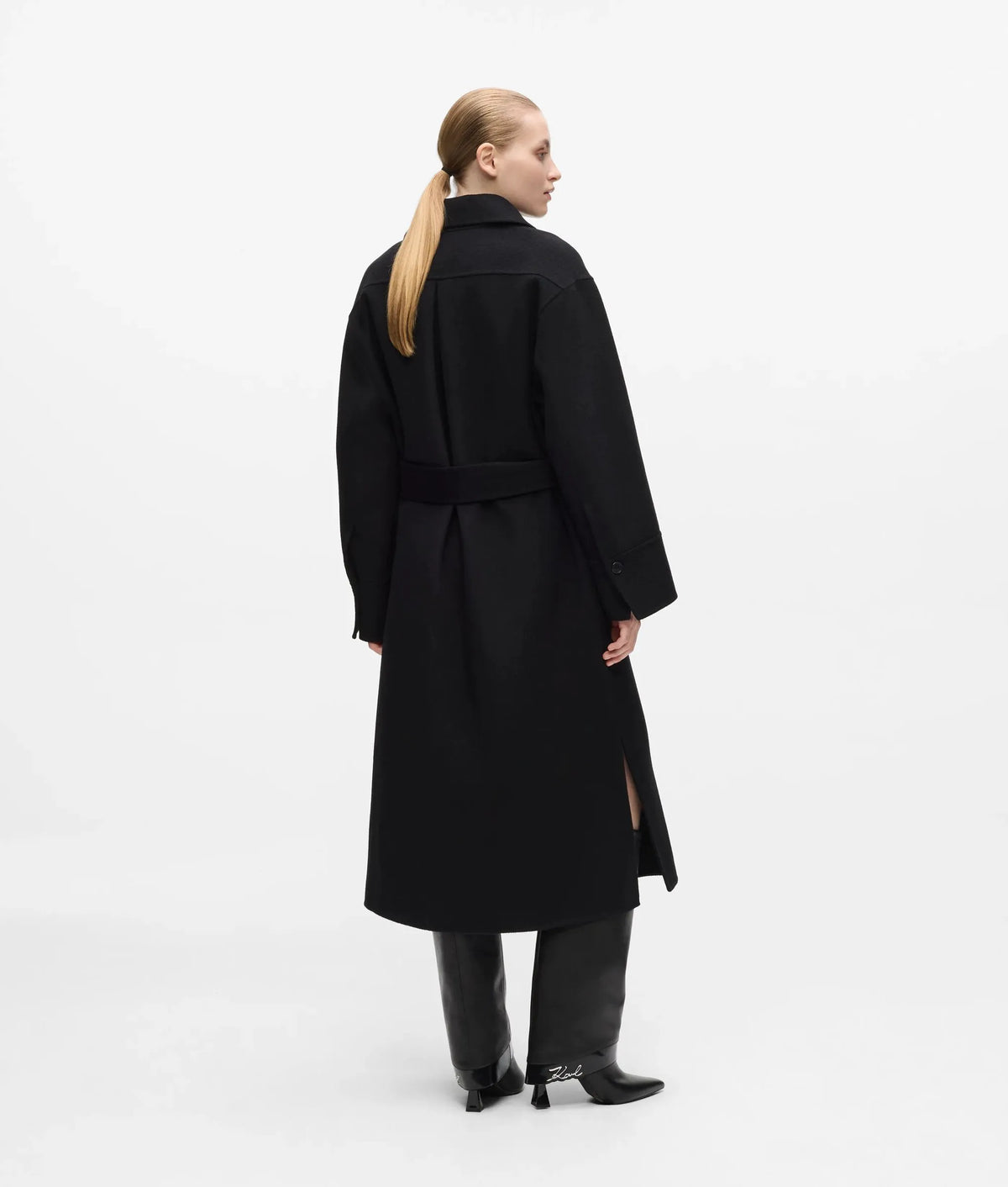 Belted long wool-blend coat